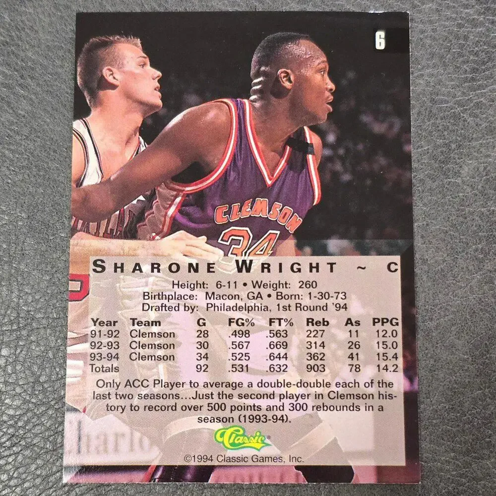 1994 Classic Four Sport #6 Sharone Wright Basketball Card - Picture 2 of 2